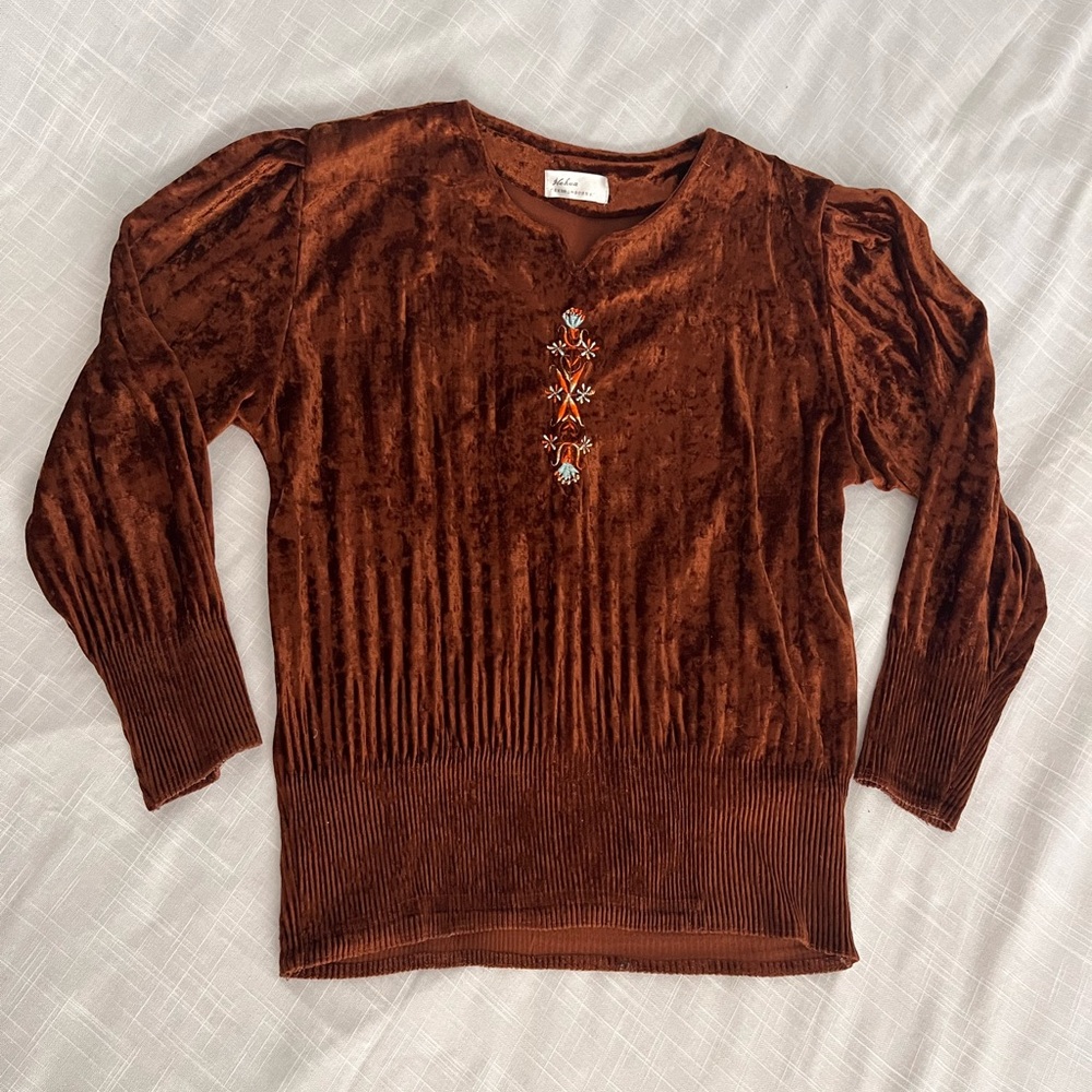 Vintage Embroidered Velvet Long Sleeve Shirt